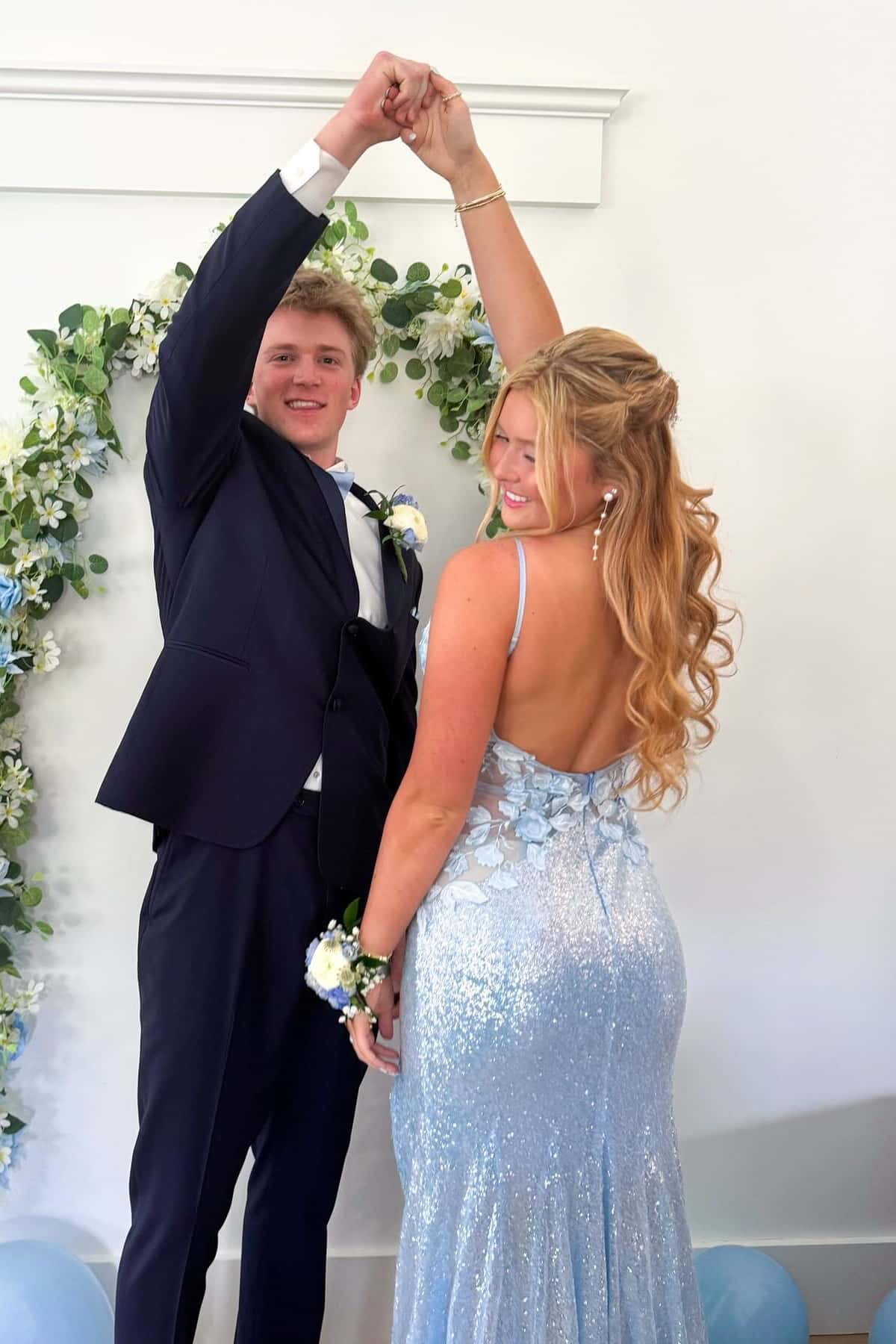 Blue Sequin Mermaid Prom Dress with Handmade Flowers