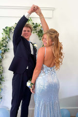 Blue Sequin Mermaid Prom Dress with Handmade Flowers