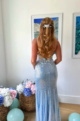 Blue Sequin Mermaid Prom Dress with Handmade Flowers