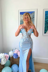 Blue Sequin Mermaid Prom Dress with Handmade Flowers