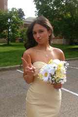 Sweetheart Yellow Satin Ruched Fitted Long Dress