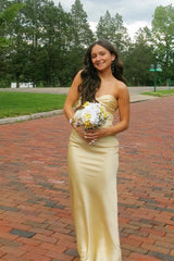 Sweetheart Yellow Satin Ruched Fitted Long Dress