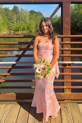 Strapless Pink Jacquard Fitted Long Dress with Bow