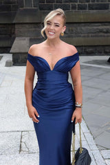 Ruched Off the Shoulder Navy Blue Fitted Prom Dress