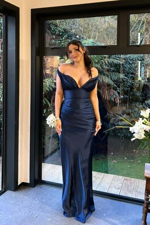 Ruched Off the Shoulder Navy Blue Fitted Prom Dress