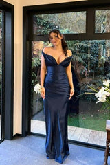 Ruched Off the Shoulder Navy Blue Fitted Prom Dress