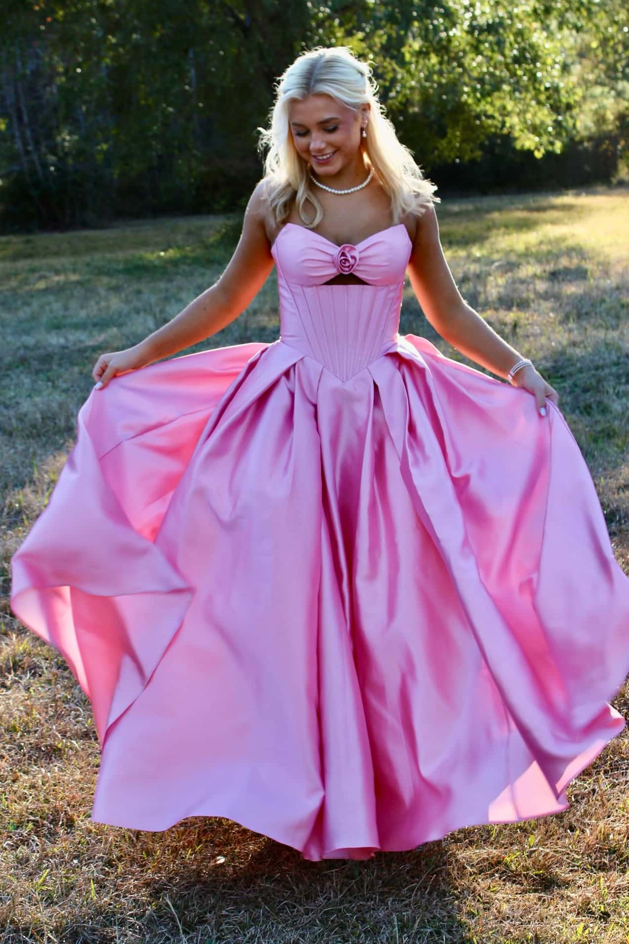 Rosette Pink Satin A-line Prom Gown