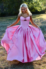 Rosette Pink Satin A-line Prom Gown