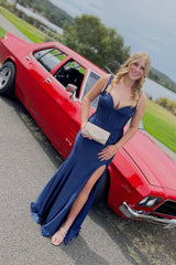 Navy Blue Satin Empire Mermaid Long Formal Dress