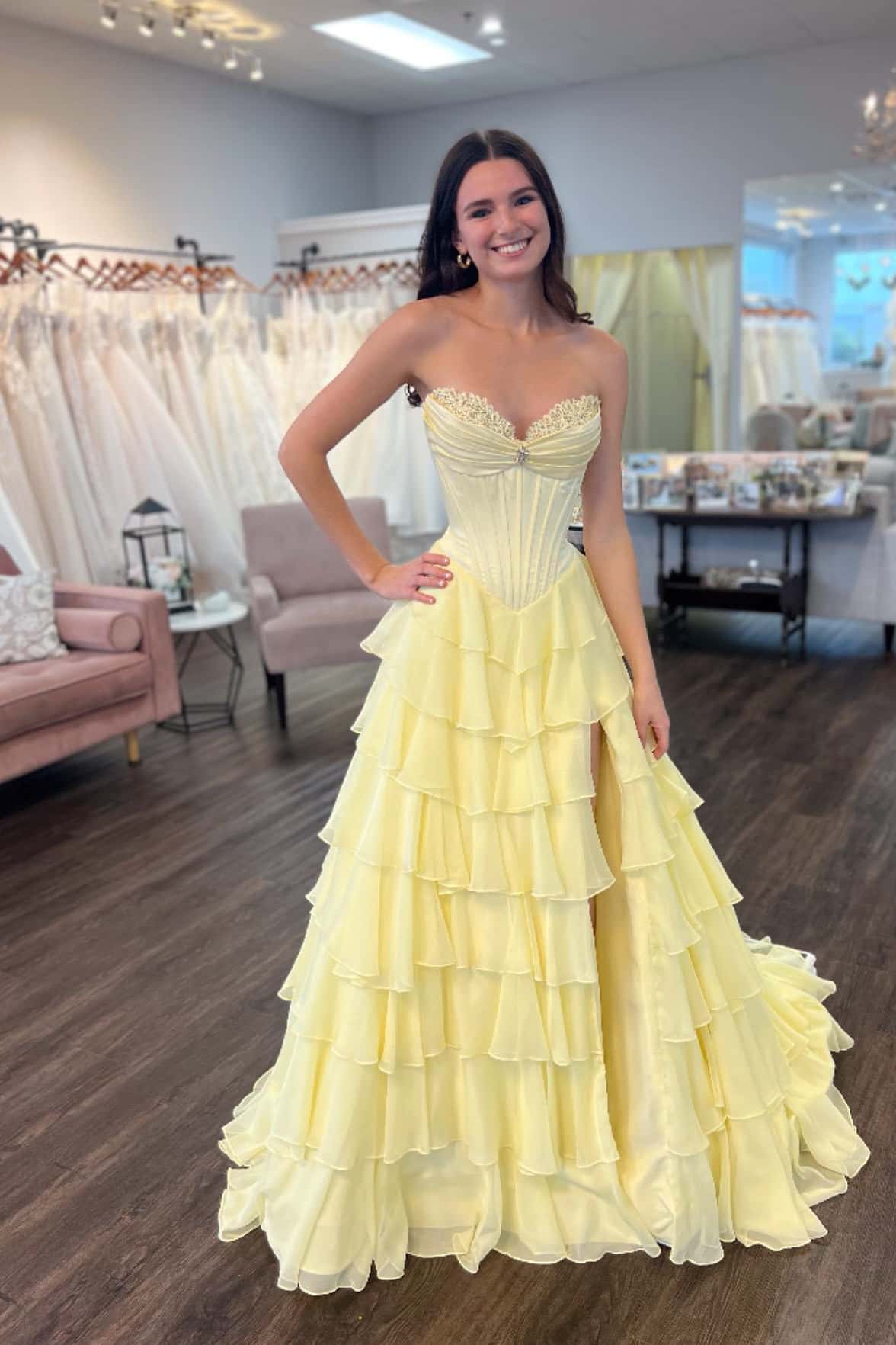 Sweetheart Yellow Ruched Corset Ruffle Long Dress