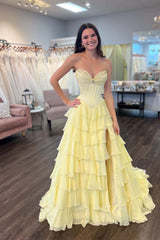 Sweetheart Yellow Ruched Corset Ruffle Long Dress