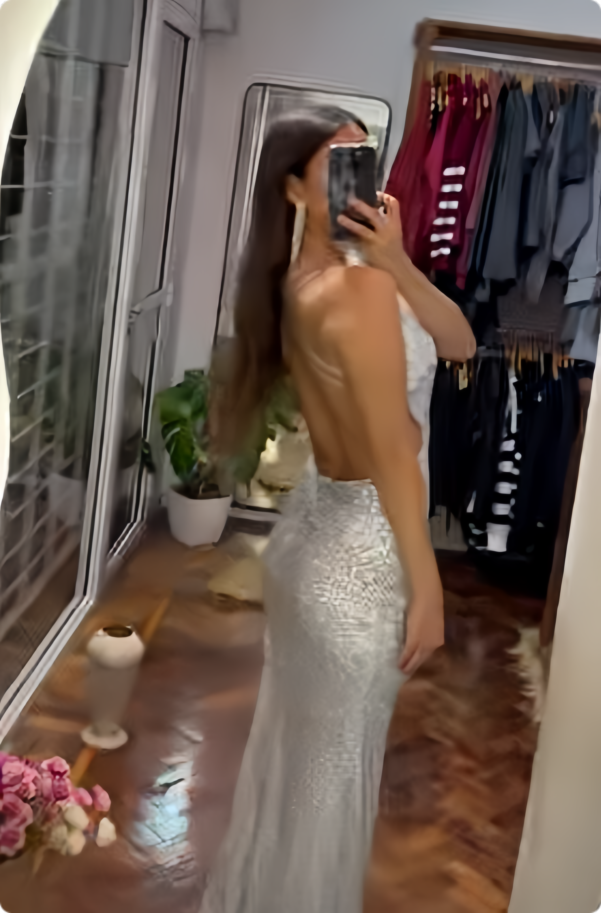 Silver Sequin V Neck Cutouts Long Prom Dress