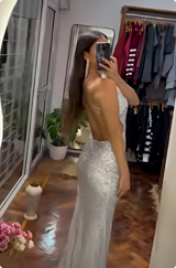 Silver Sequin V Neck Cutouts Long Prom Dress