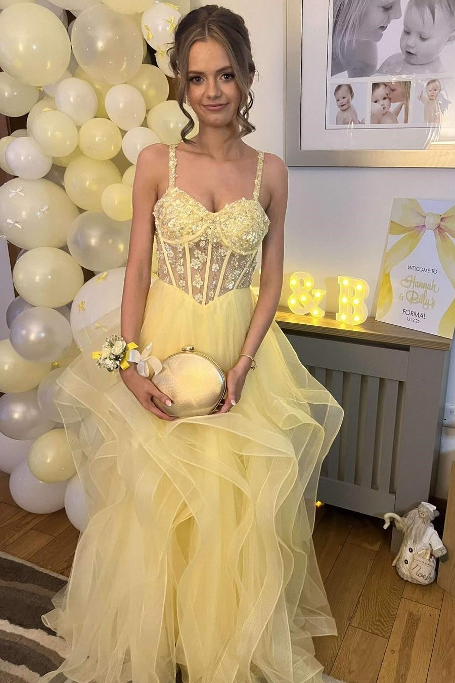 Yellow Straps Corset Ruffle Ball Gown