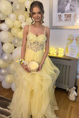 Yellow Straps Corset Ruffle Ball Gown