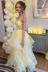 Yellow Straps Corset Ruffle Ball Gown