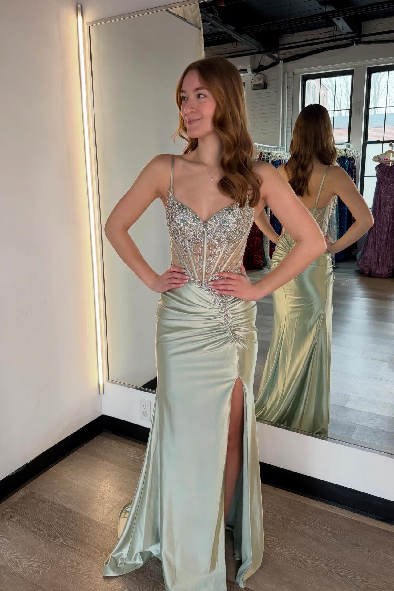 Sage Beaded Side-Slit Mermaid Gown