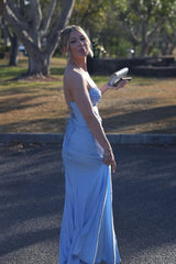 Light Blue Straps Corset Ruched Long Prom Dress