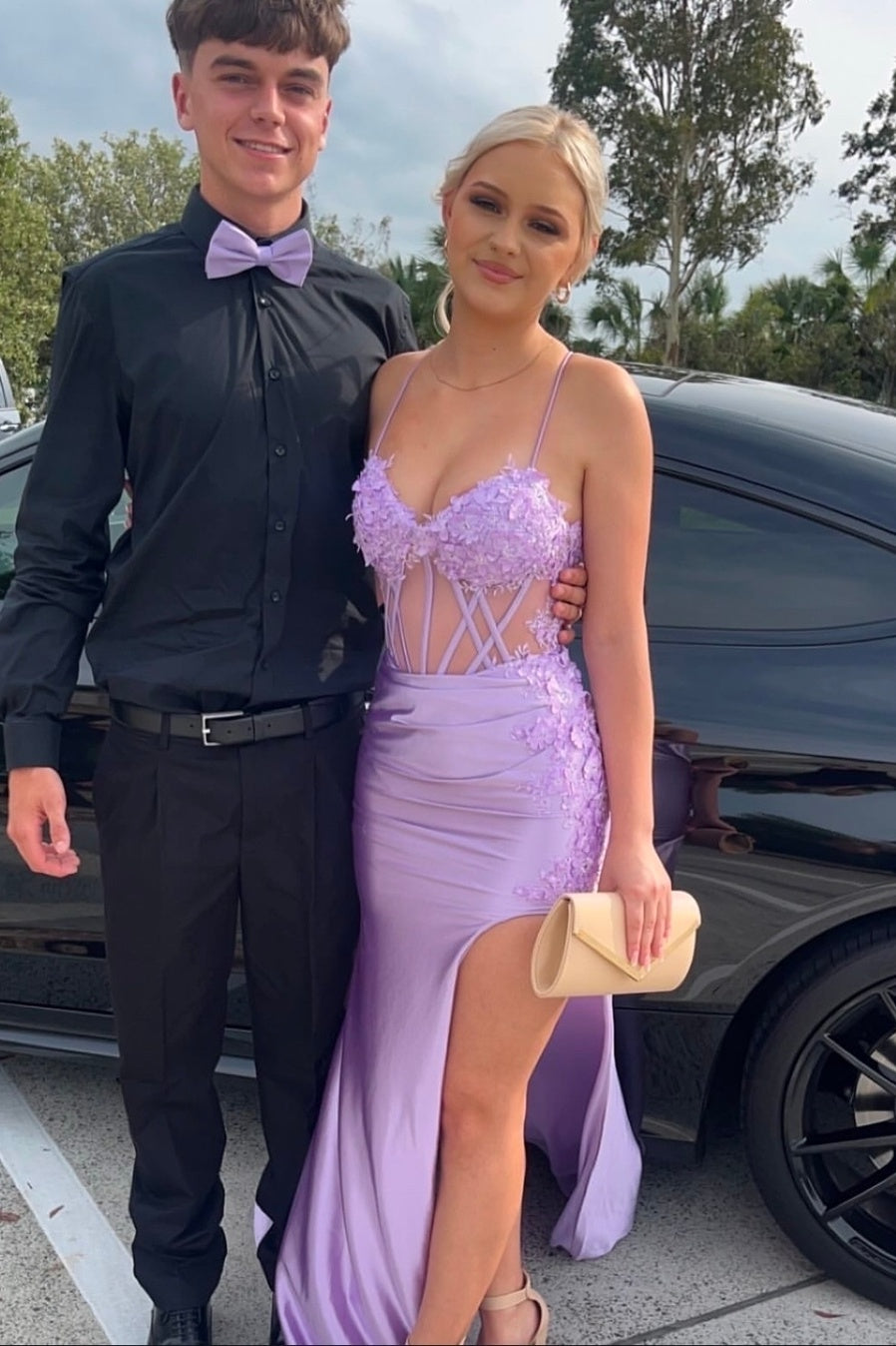 Lavender 3D Floral Corset Slit Prom Dress