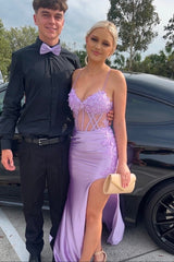 Lavender 3D Floral Corset Slit Prom Dress