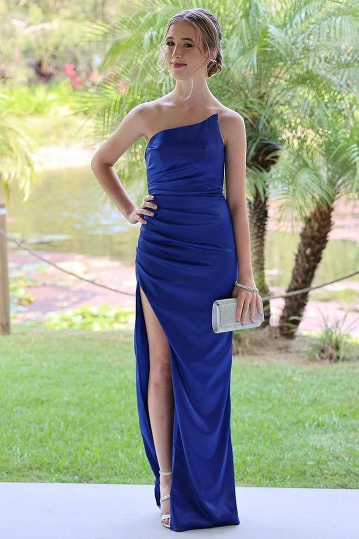 Royal Blue Strapless Ruched Slit Prom Dress