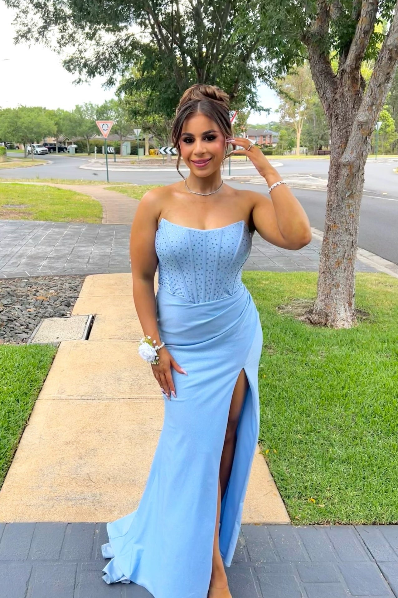 Blue Beaded Strapless Ruched Slit Prom Dress