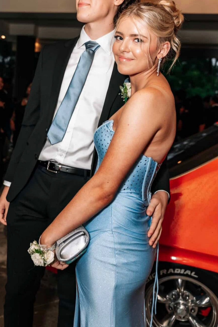 Blue Beaded Strapless Ruched Slit Prom Dress