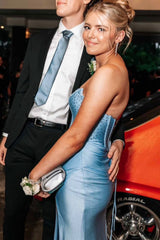 Blue Beaded Strapless Ruched Slit Prom Dress