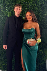 Emerald Green Strapless Ruched Slit Formal Dress