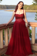 Red Appliques Tulle A-line Prom Dress