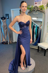 Navy Blue Sweetheart Fitted Prom Dress with Train