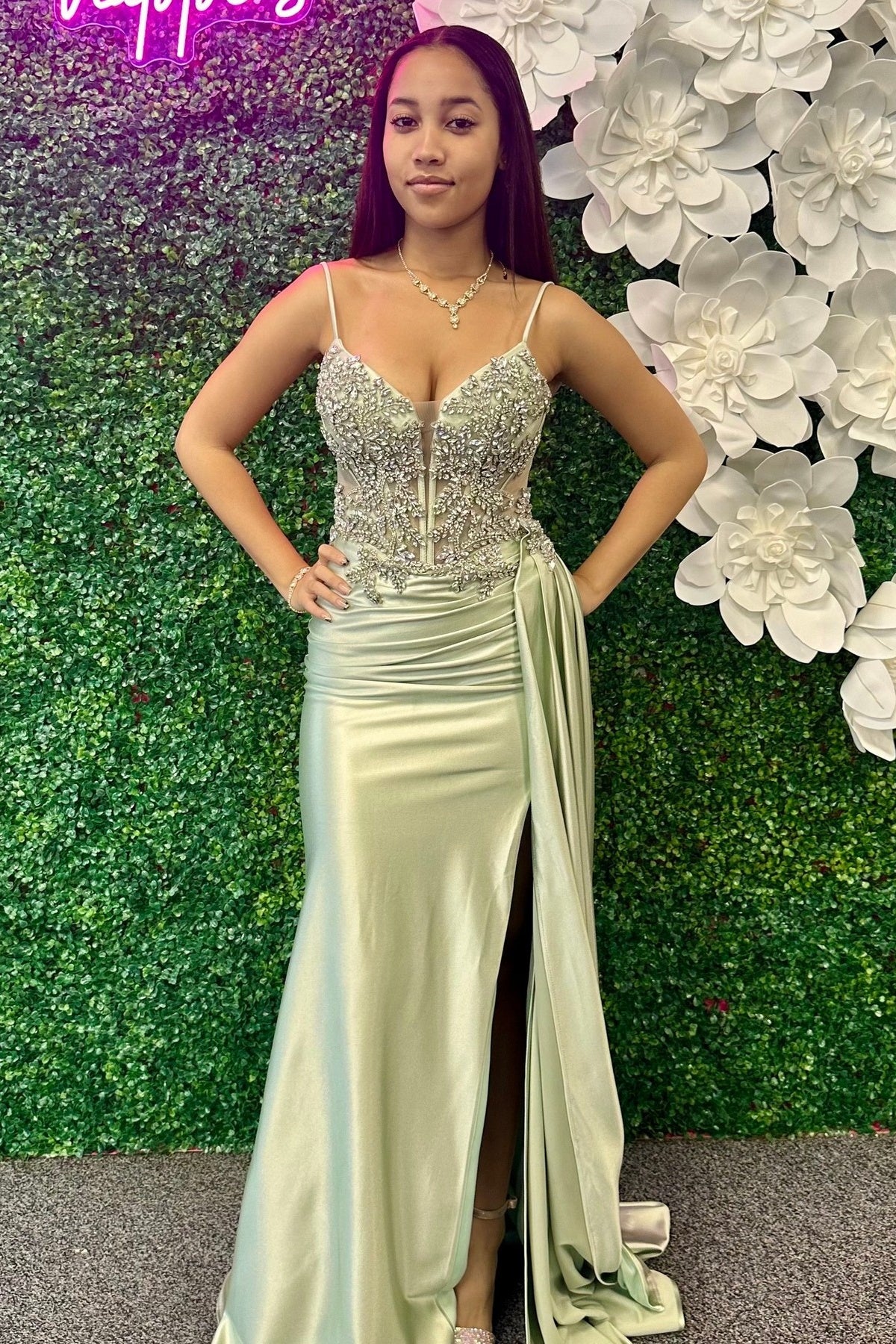 Sage Green Rhinestones Mermaid Prom Dress
