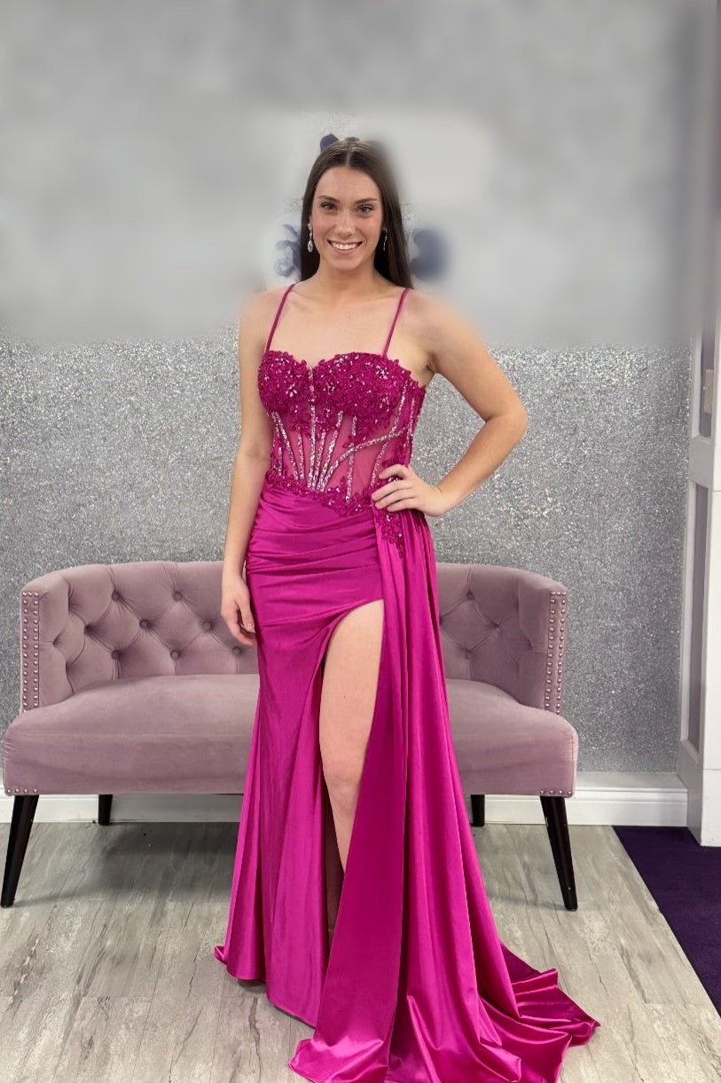 Fuchsia Appliques Satin Long Prom Dress with Train