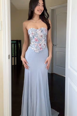 Light Blue Embroidered Fitted Long Dress