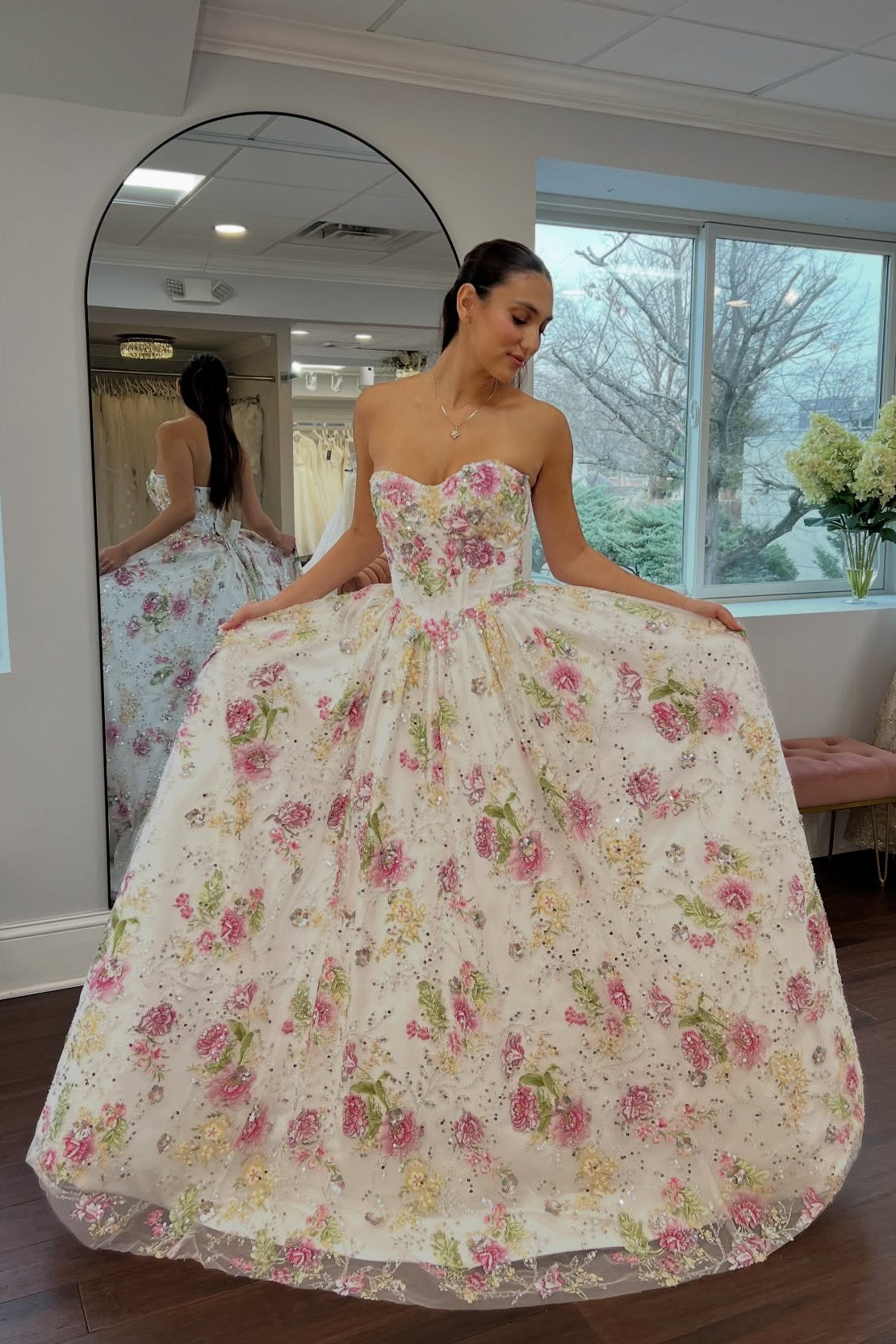 White Floral Sweetheart Sequin A-line Gown