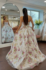 White Floral Sweetheart Sequin A-line Gown