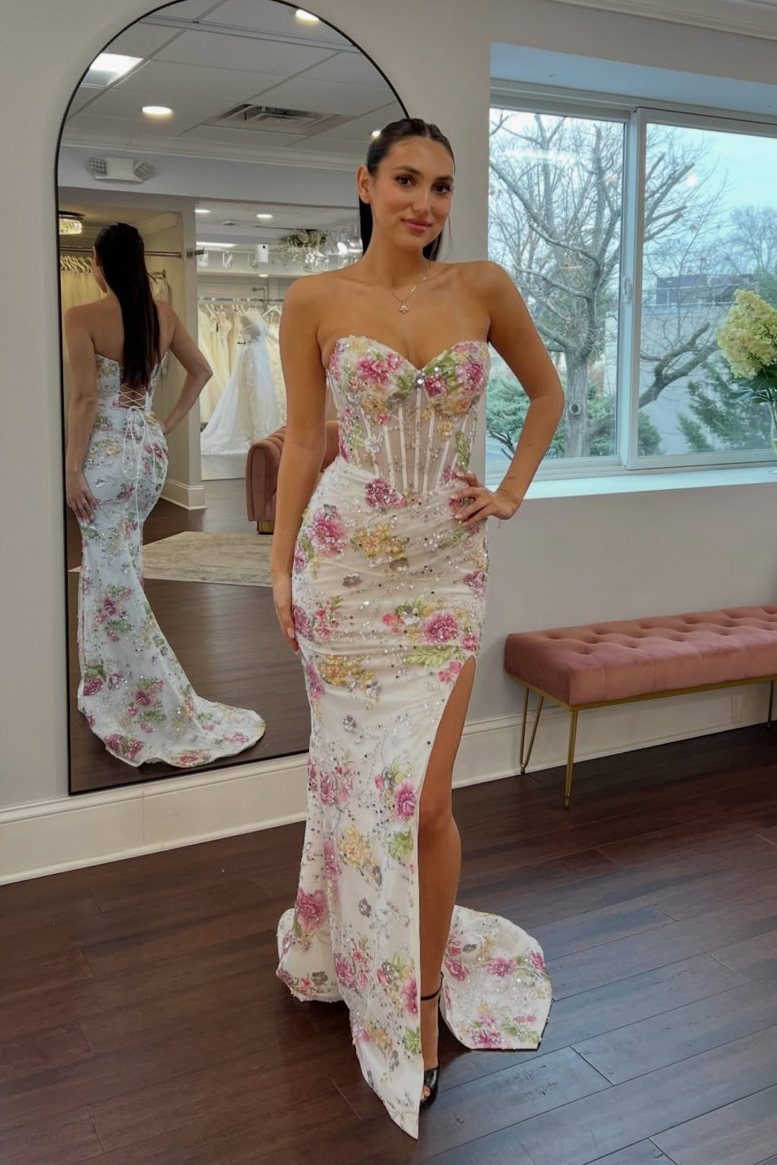 White Floral Sweetheart Sequin Mermaid Gown