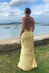 Straps Yellow Soft Satin Long Party Dress