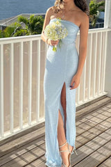 Ruched Light Blue Strapless Fitted Dress with Slit