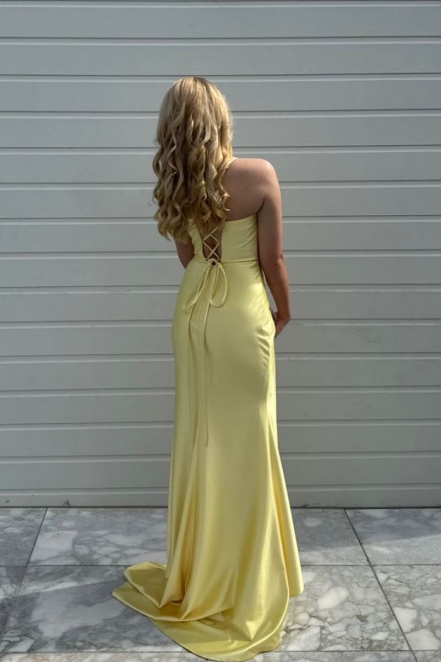 Yellow Slit Satin Mermaid Prom Dress