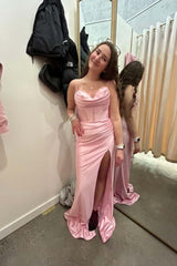 Yellow Slit Satin Mermaid Prom Dress