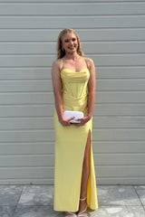 Yellow Slit Satin Mermaid Prom Dress