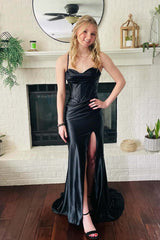 Yellow Slit Satin Mermaid Prom Dress