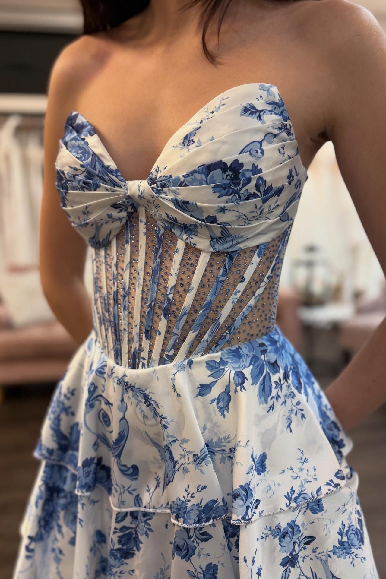 Blue Floral Twist Corset A-Line Ruffle Dress