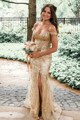 Off the Shoulder Champagne Sequin Fitted Long Formal Dress