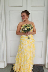 Strapless Pink Floral Ruched Ruffle Long Dress