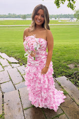 Strapless Pink Floral Ruched Ruffle Long Dress
