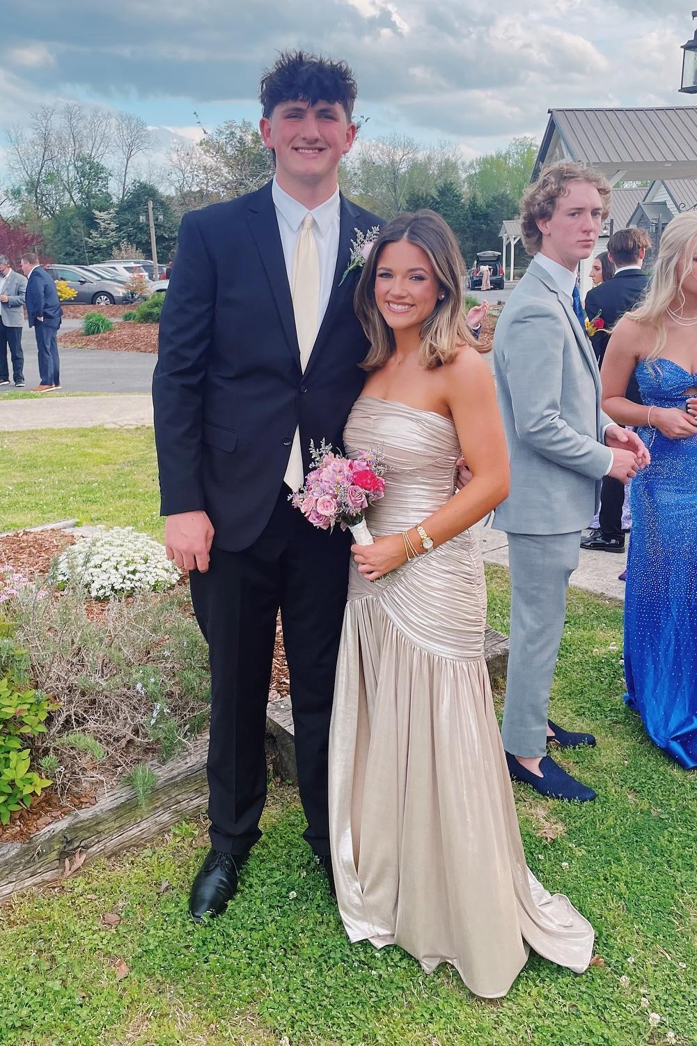 Strapless Champagne Metallic Ruched Fitted Long Dress