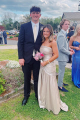 Strapless Champagne Metallic Ruched Fitted Long Dress