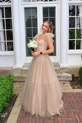 Champagne Tulle Black Polk Dots A-line Long Formal Dress